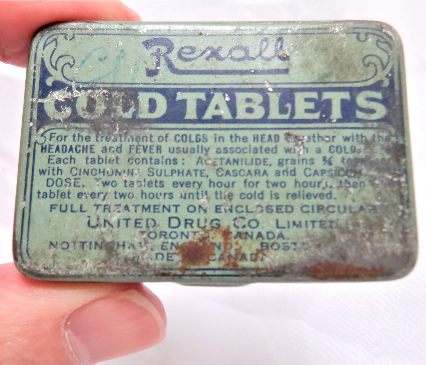Vintage Pocket Pill Tin by REXALL COLD TABLETS, Made in CANADA