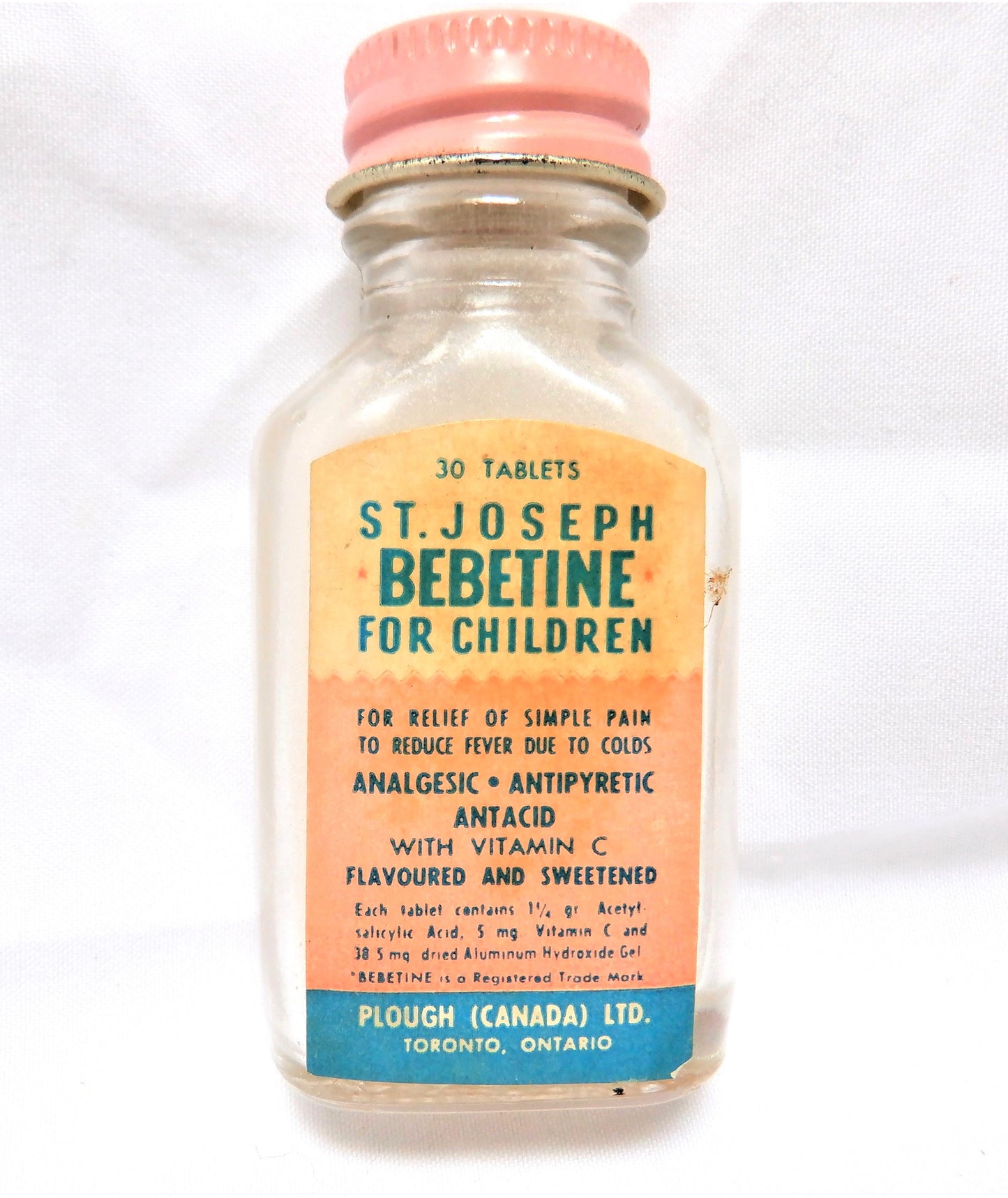 ST. JOSEPH BEBETINE TABLETS FOR CHILDREN, A Pretty Mid-Century Glass Bottle Made in CANADA