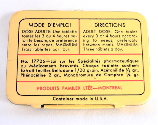 FAMILEX COLD AND GRIPPE TABLETS, A Vintage Tin Pocket Container by Familex Products of Montreal, Quebec