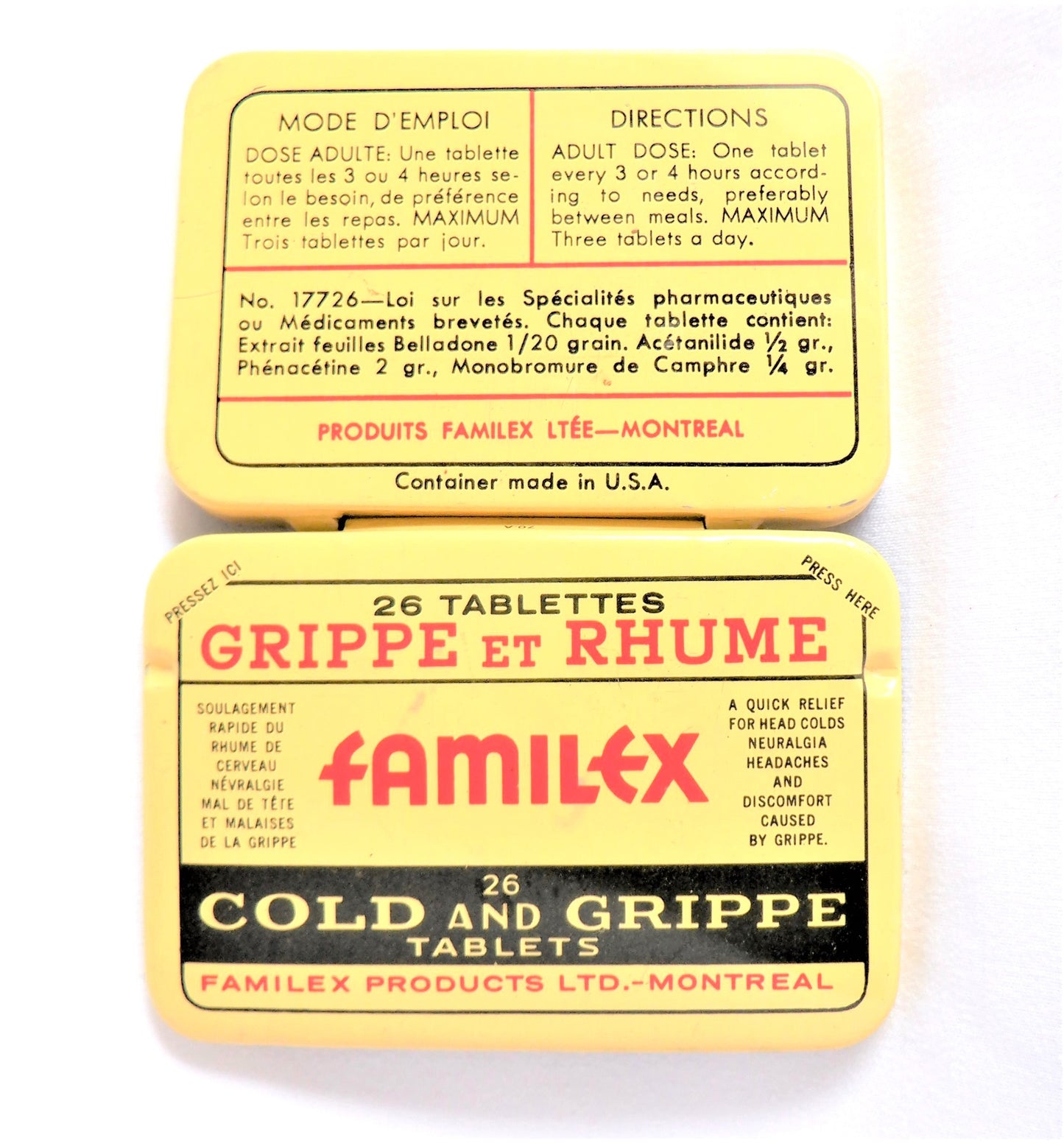 FAMILEX COLD AND GRIPPE TABLETS, A Vintage Tin Pocket Container by Familex Products of Montreal, Quebec