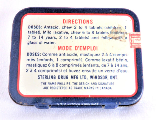 PHILLIPS MILK OF MAGNESIA TABLETS Vintage Tin Pocket Container, by Sterling Drugs, Windsor Ontario
