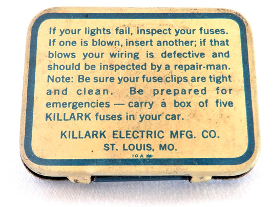 Vintage Automotive Tin Container, by KILLARK AUTO FUSES SFE-20 Amps, Made in USA