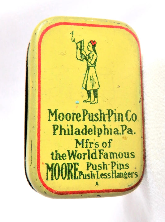 Antique Tin Container by The MOORE PUSH PIN CO. Philadelphia, PA., No. 42 Push-Thumbtacks