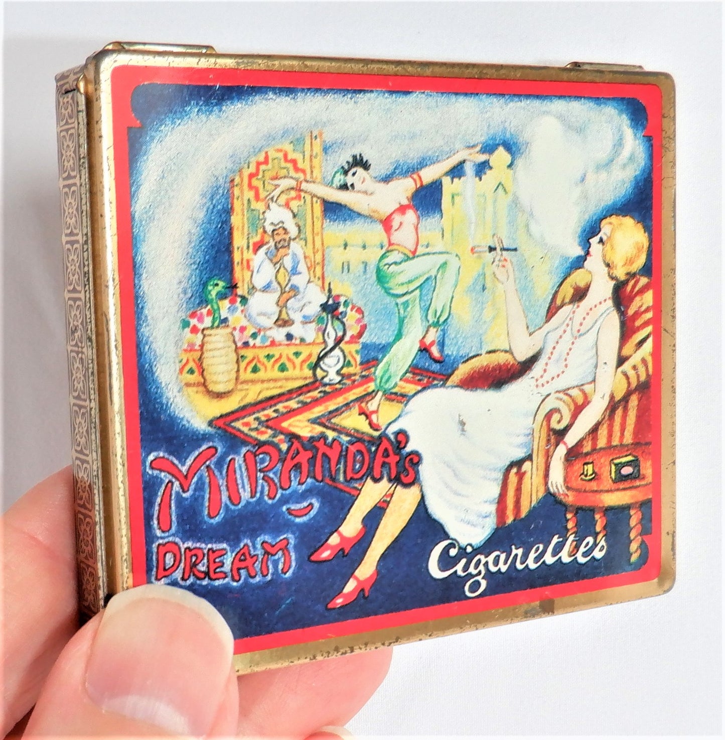 Vintage ART DECO Pocket Tobacco Tin, by DODO Designs: "MIRANDA'S DREAM CIGARETTES"