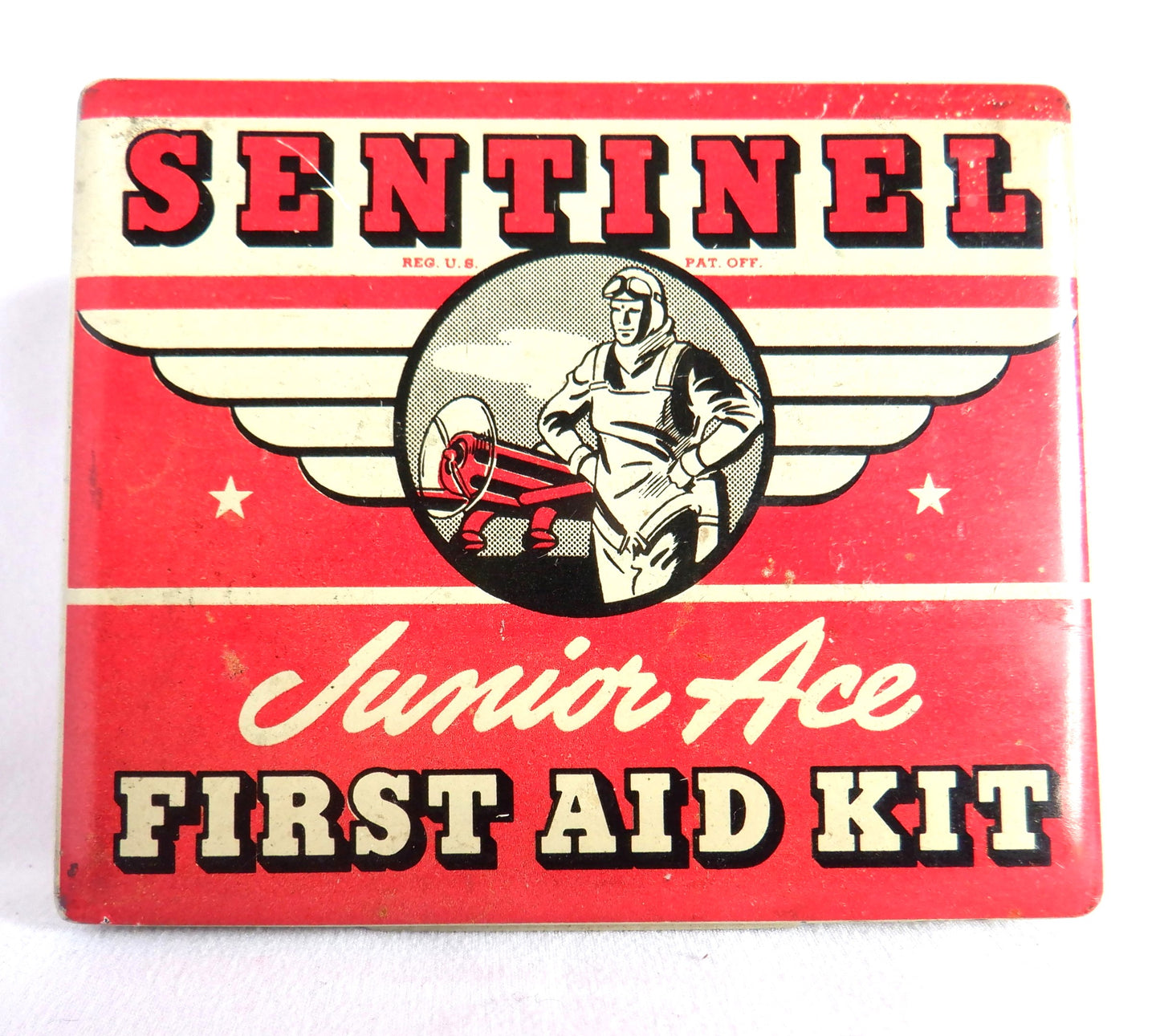 Antique American Tin With Full Contents: 1930's SENTINEL JUNIOR ACE FIRST AID KIT by Sentinel Products of Cleveland, Ohio