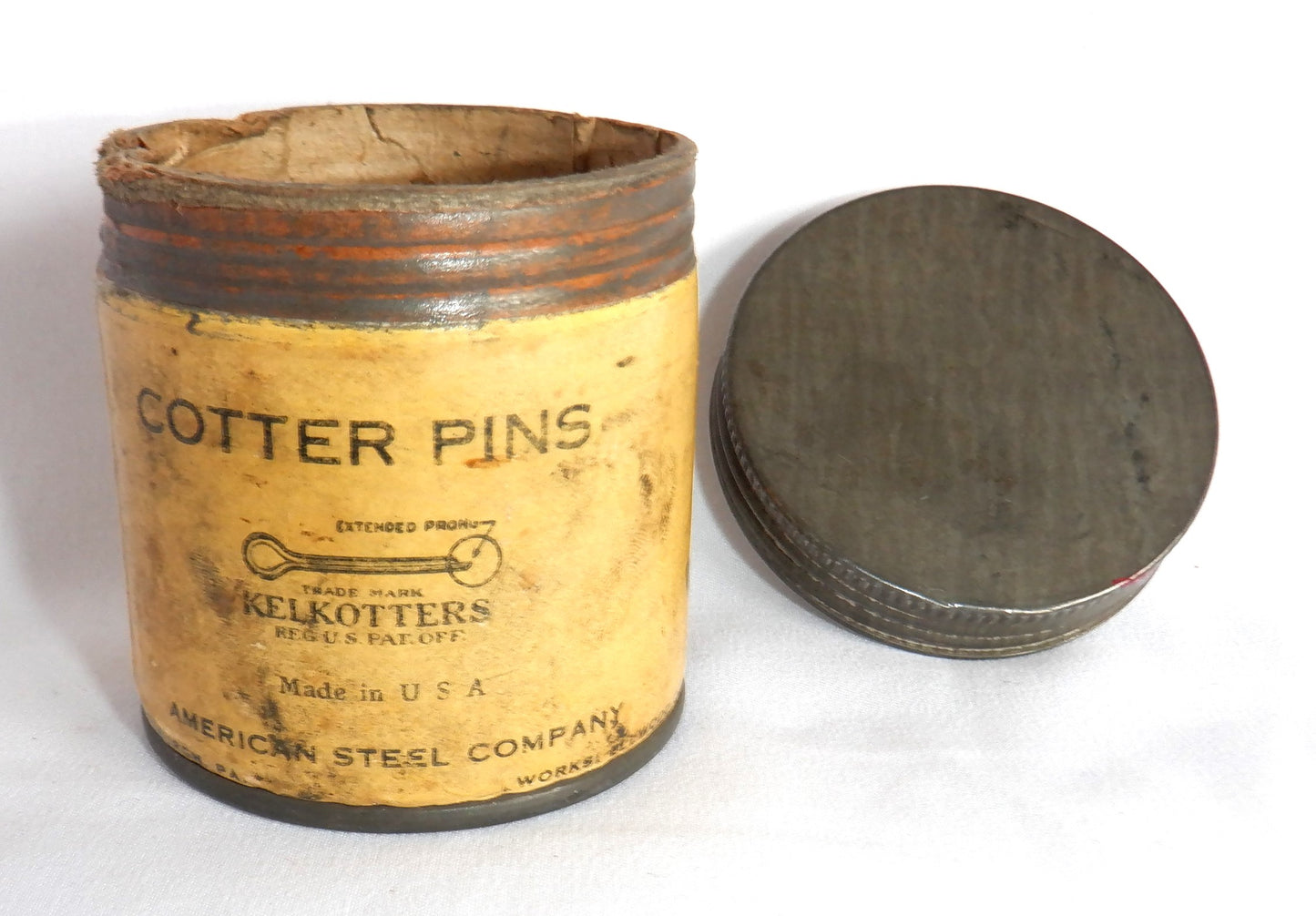 COTTER PINS ANTIQUE TIN & TUBE CONTAINER, by The America Steel Company of Elwood City, PITTSBURGH, PA.