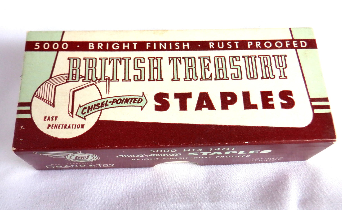 VINTAGE BOX OF GRAND & TOY LTD CHISEL-POINTED STAPLES, Made in Canada