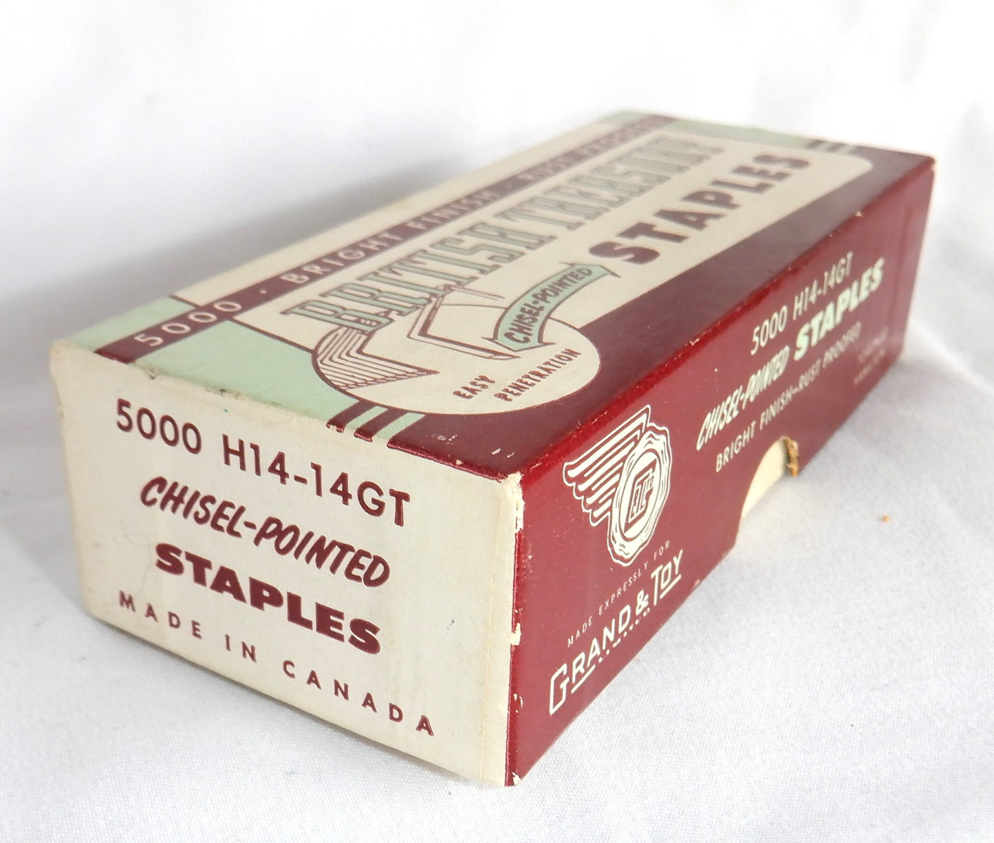 VINTAGE BOX OF GRAND & TOY LTD CHISEL-POINTED STAPLES, Made in Canada