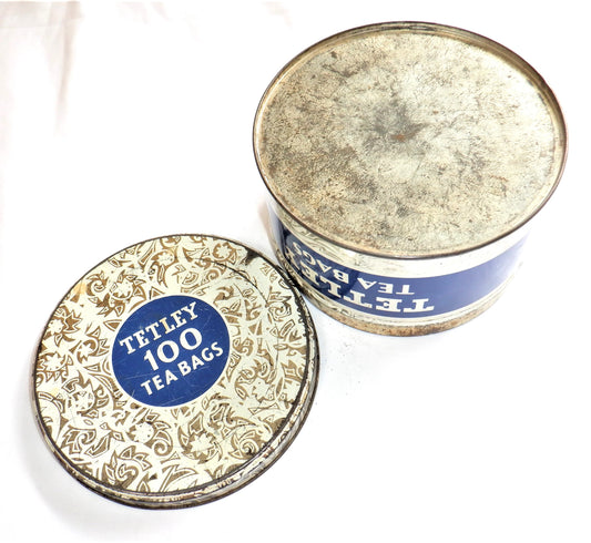 ORIGINAL TETLEY TEA BAGS VINTAGE TIN CONTAINER, Round, Silver & Blue from LONDON & NEW YORK!