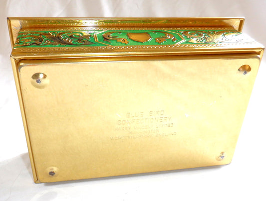BLUE BIRD VINTAGE 1960's TIN CONTAINER: Gold & Green Removable Top Ornate Chest