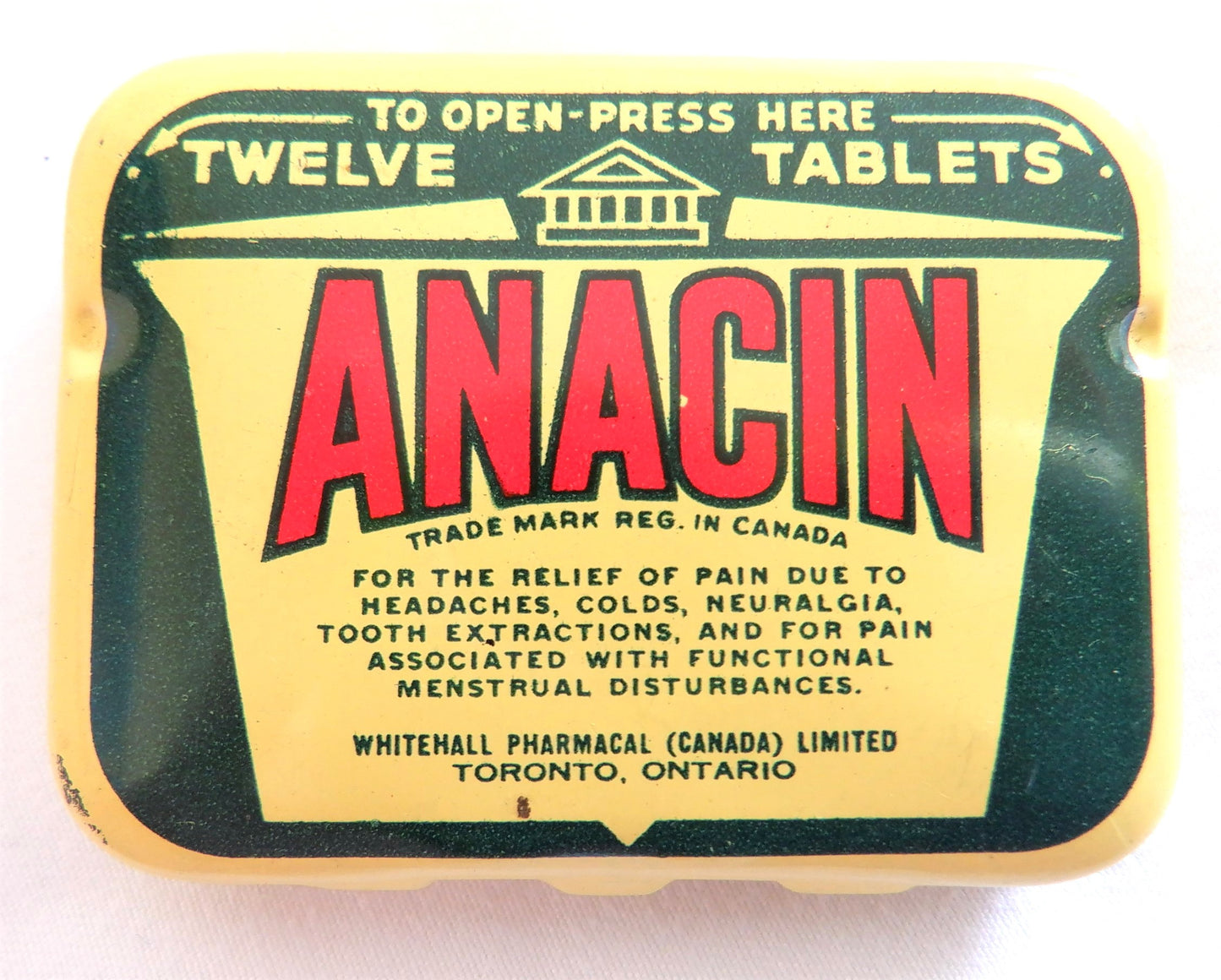 ANACIN HEADACHE PILLS Vintage Tin Pocket Container, by Whitehall Pharmacal of Toronto, CANADA