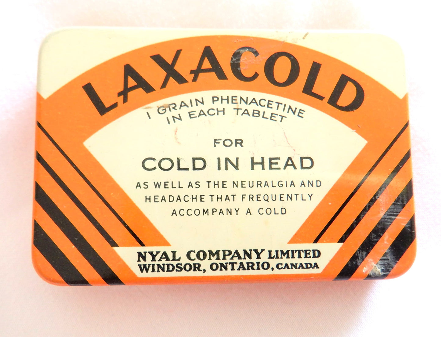 LAXACOLD HEADACHE PILLS Vintage Tin Pocket Container, by Nyal Company Ltd of Windsor, CANADA