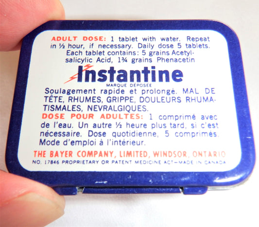 INSTANTINE HEADACHE PILLS Vintage Tin Pocket Container, by Bayer Company, Windsor, CANADA