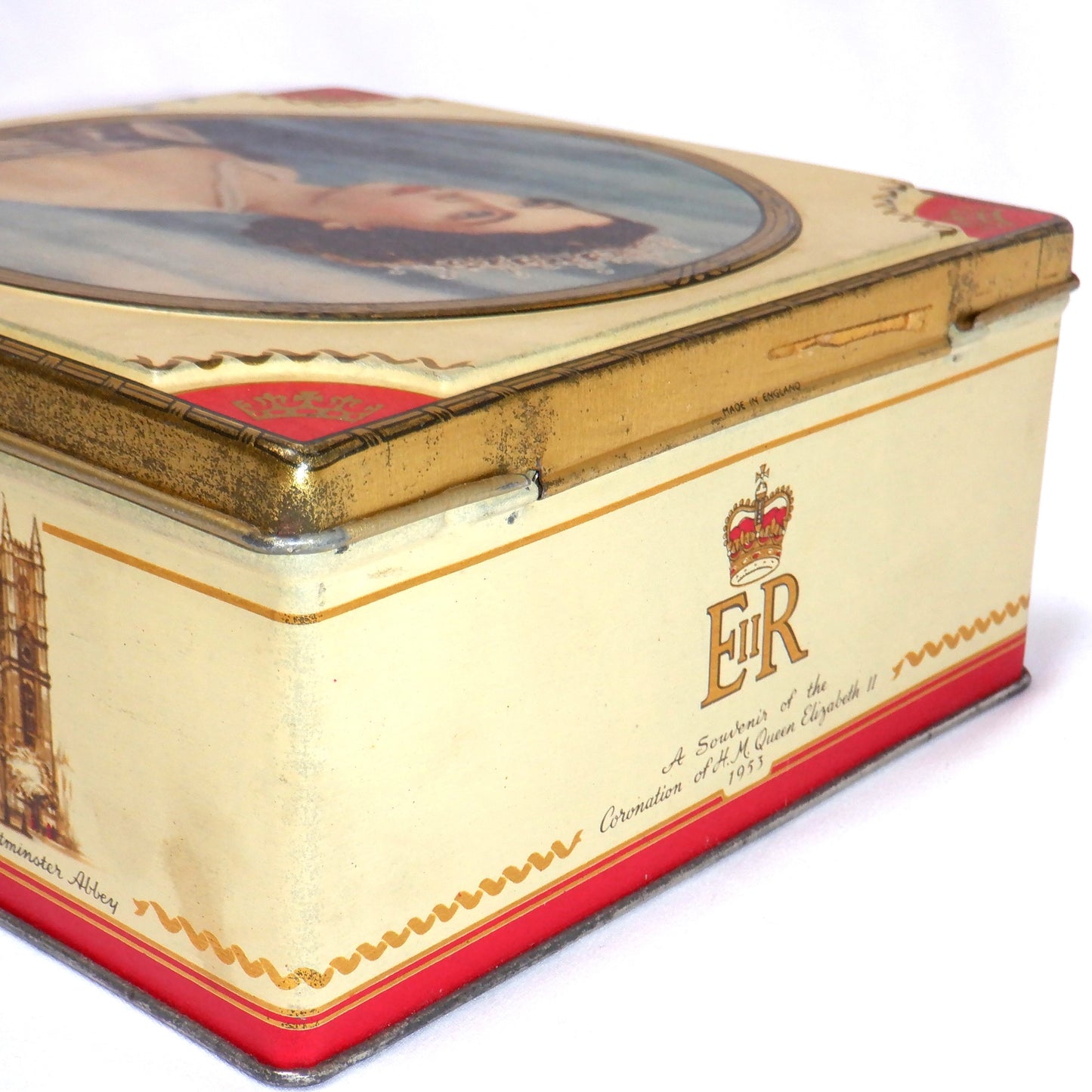 1953 Souvenir Vintage Tin of H.M. Queen Elizabeth II Coronation, by Henry Thorne Toffee Co.