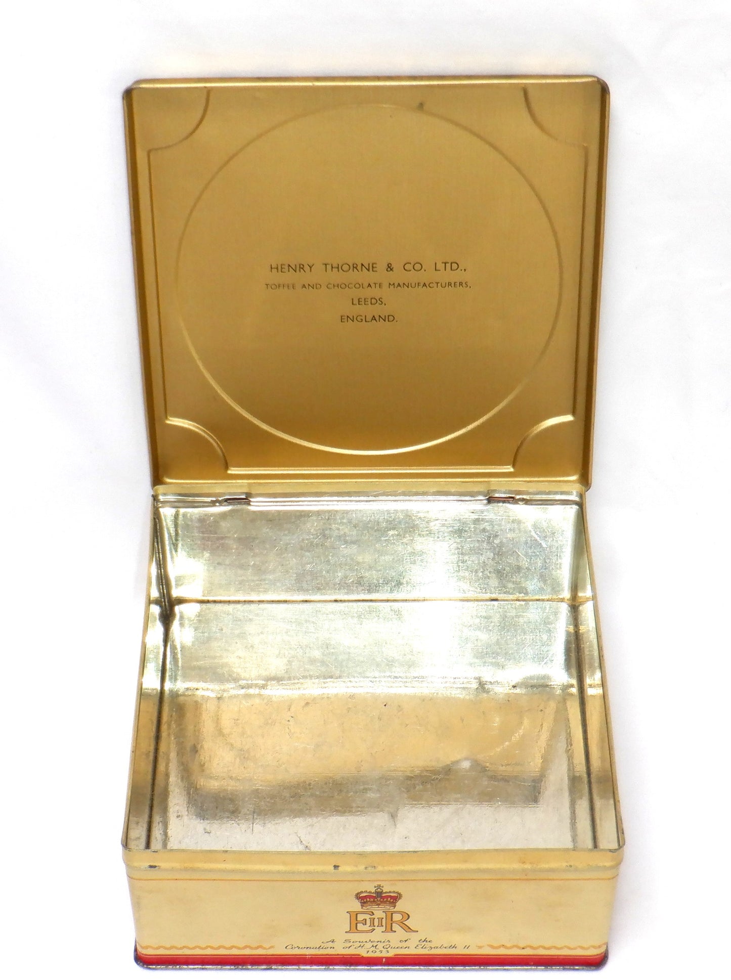 1953 Souvenir Vintage Tin of H.M. Queen Elizabeth II Coronation, by Henry Thorne Toffee Co.