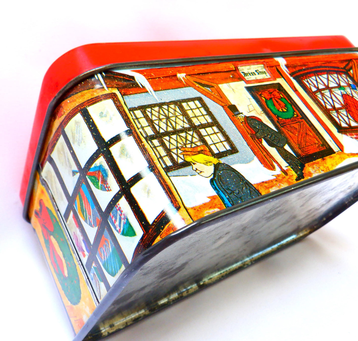 A Vintage Red-Top Christmas Shopping Tin from Britain, 'THE DRESS SHOP'