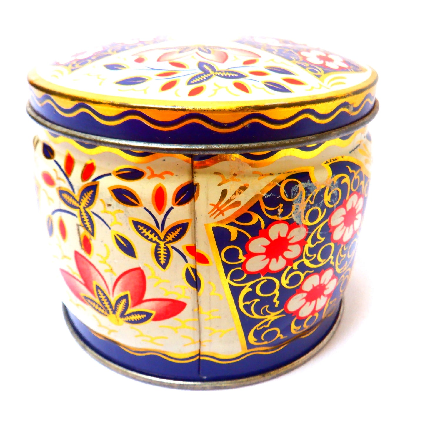 'PAISLEY BLUES': A Small Round Vintage Tin Can Container, Made in England