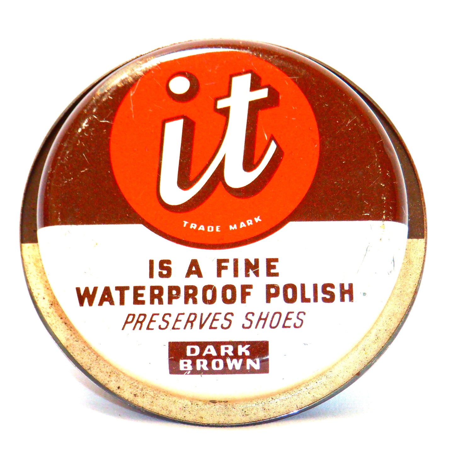 "IT" FINE WATERPROOF SHOE POLISH Vintage Tin Can Container, from Toronto CANADA