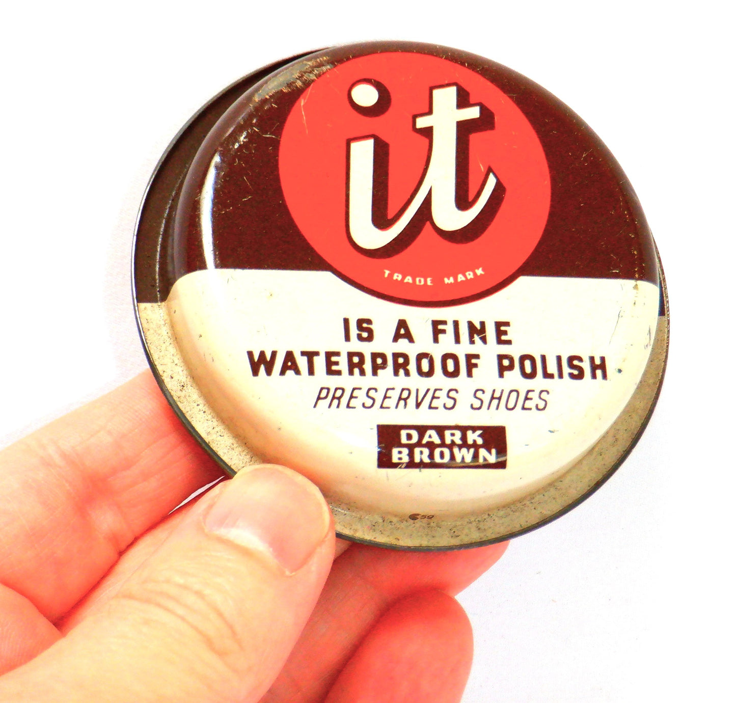"IT" FINE WATERPROOF SHOE POLISH Vintage Tin Can Container, from Toronto CANADA