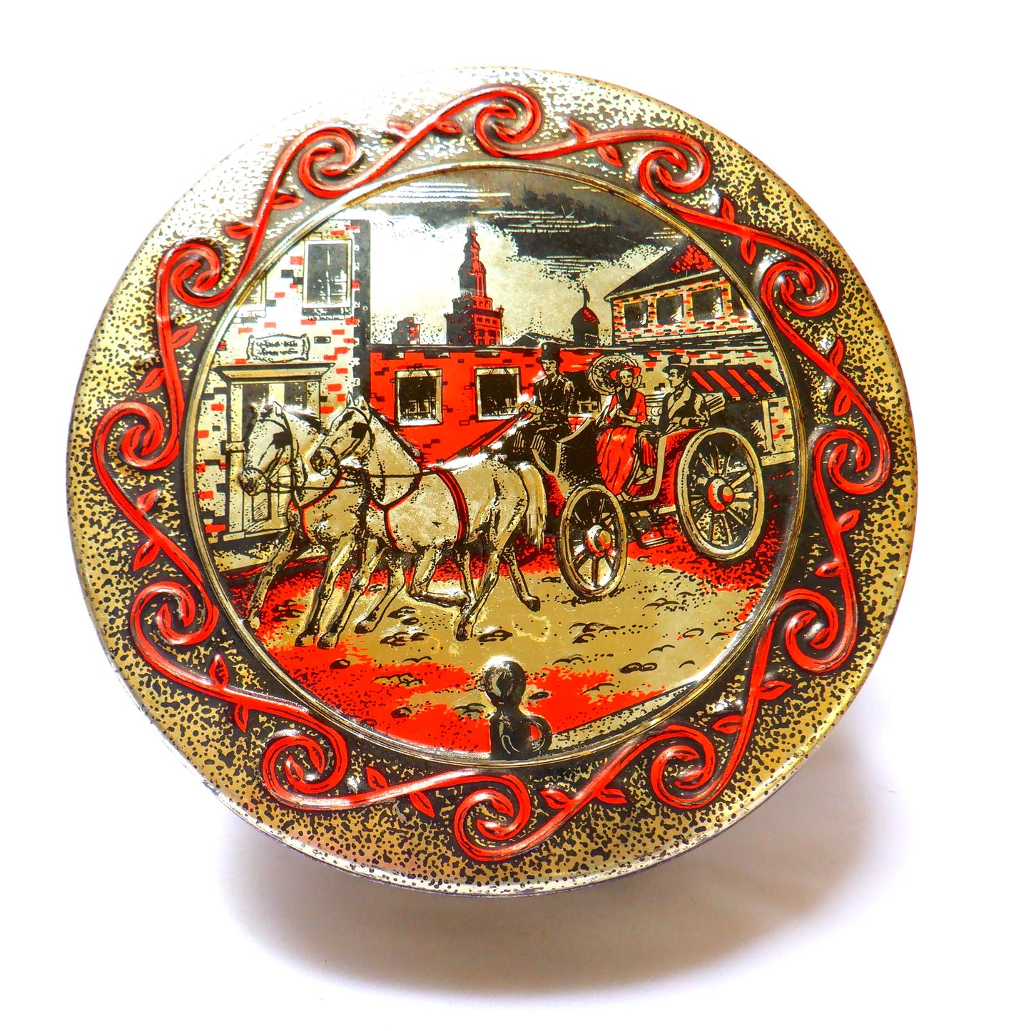Round Vintage Rum Fruit Cake Tin: 'YE OLDE CARRIAGE RIDE'
