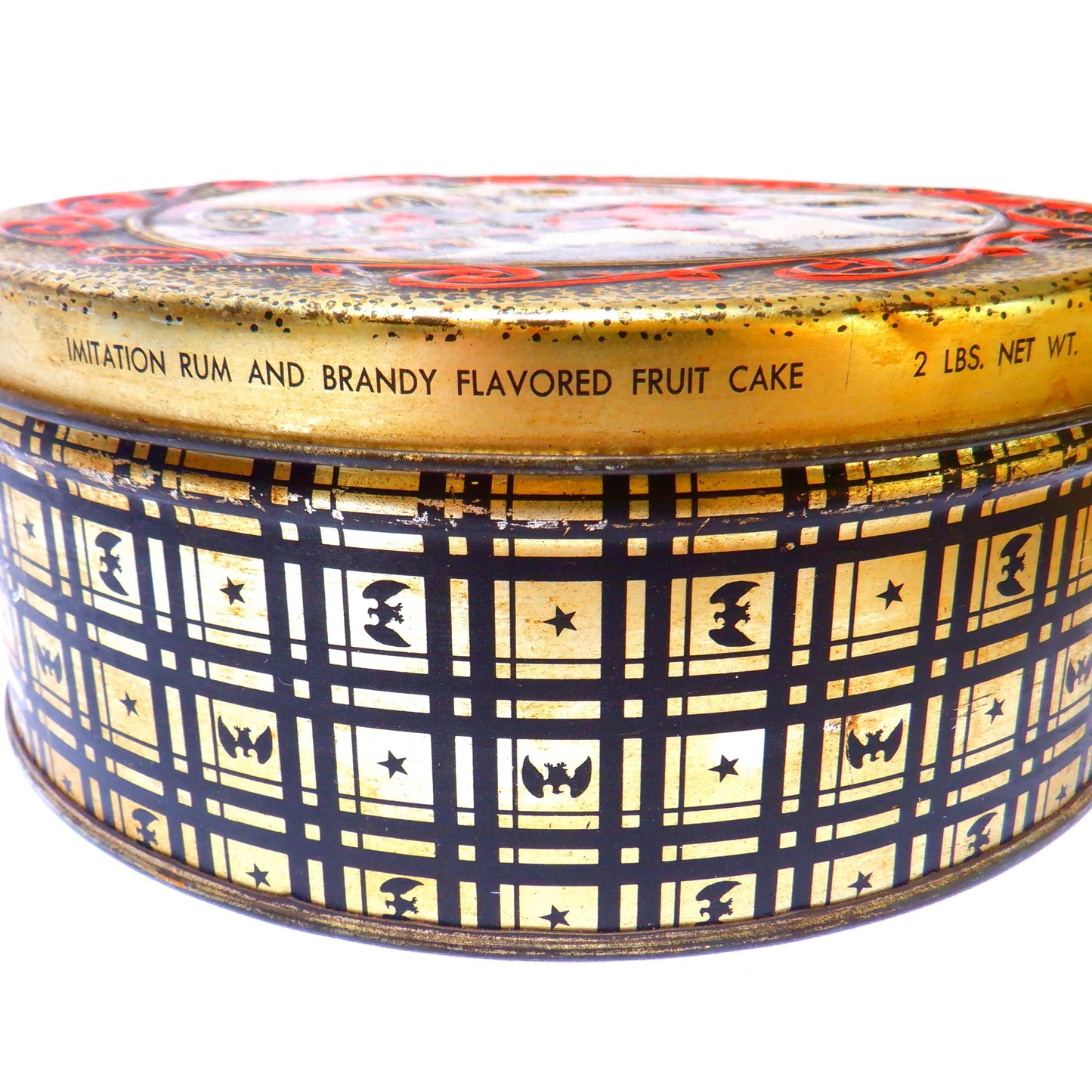 Round Vintage Rum Fruit Cake Tin: 'YE OLDE CARRIAGE RIDE'