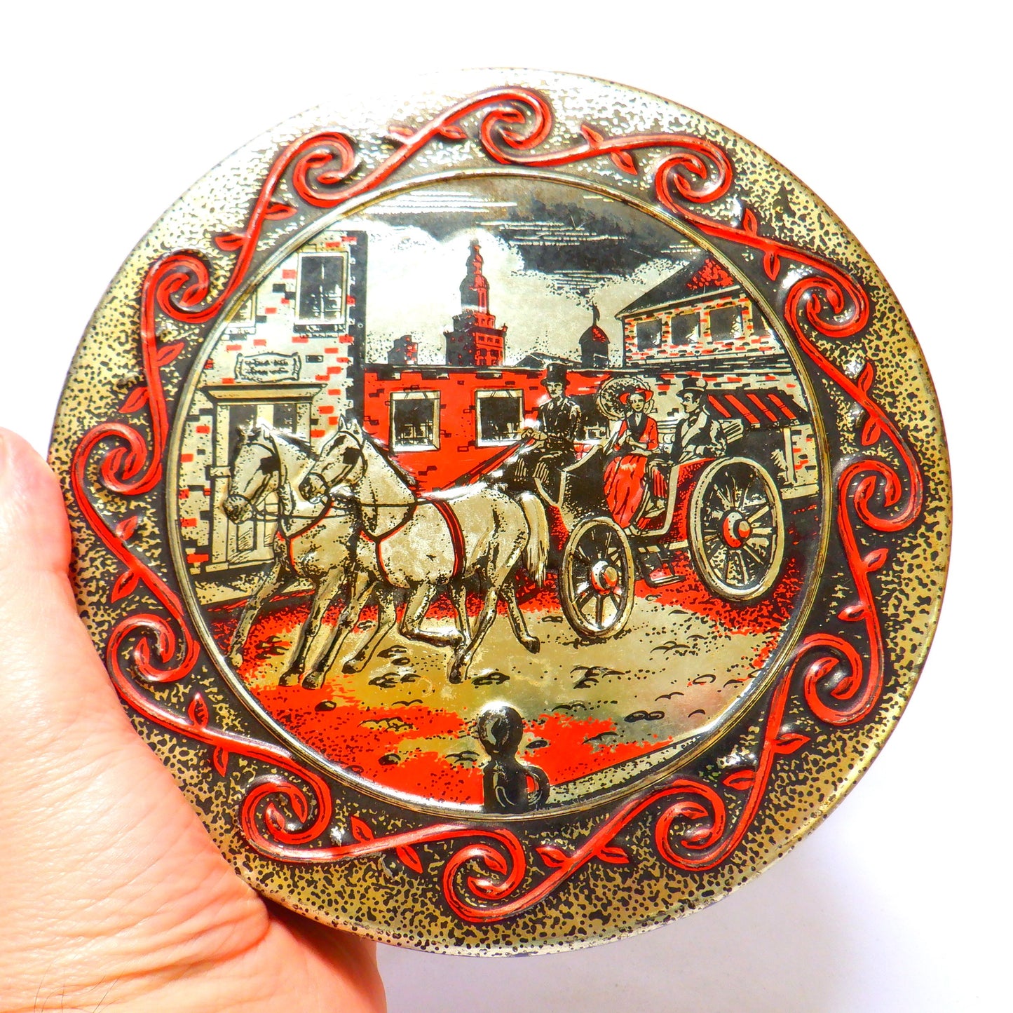 Round Vintage Rum Fruit Cake Tin: 'YE OLDE CARRIAGE RIDE'