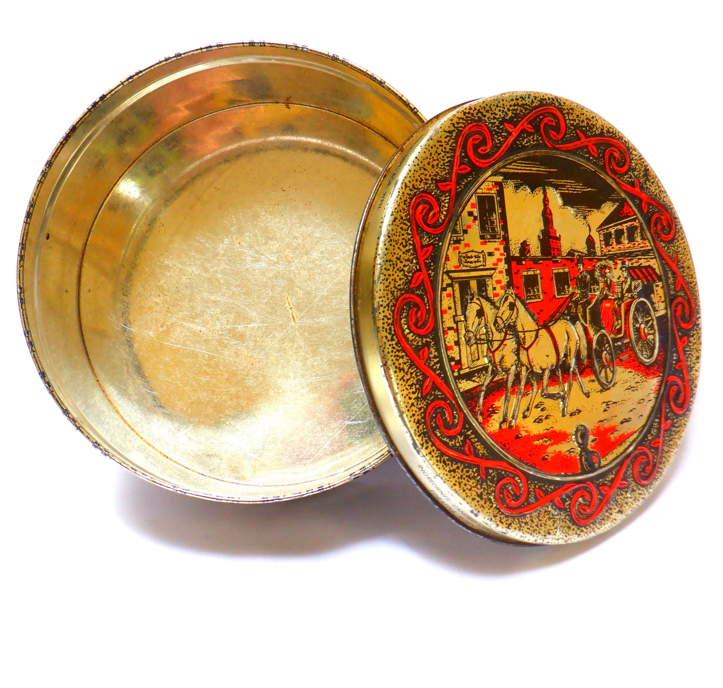 Round Vintage Rum Fruit Cake Tin: 'YE OLDE CARRIAGE RIDE'