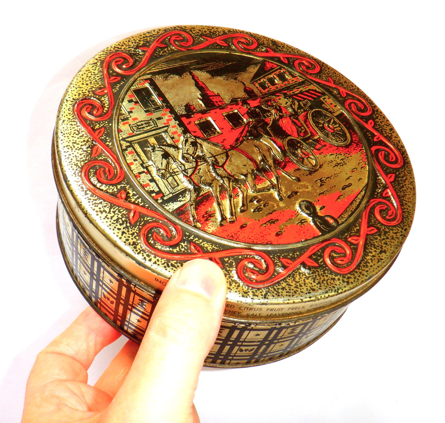 Round Vintage Rum Fruit Cake Tin: 'YE OLDE CARRIAGE RIDE'