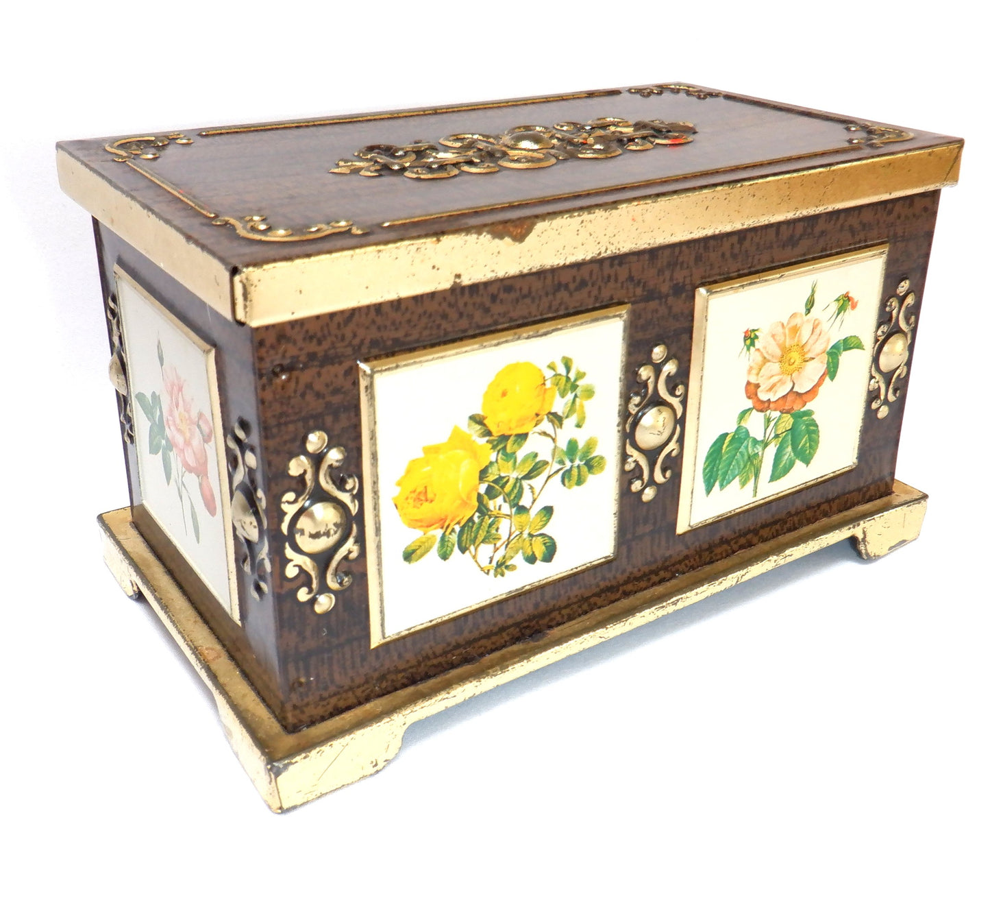 BLUE BIRD LIKE Confectionery Vintage Tin Container: "Pink Flower Chest"