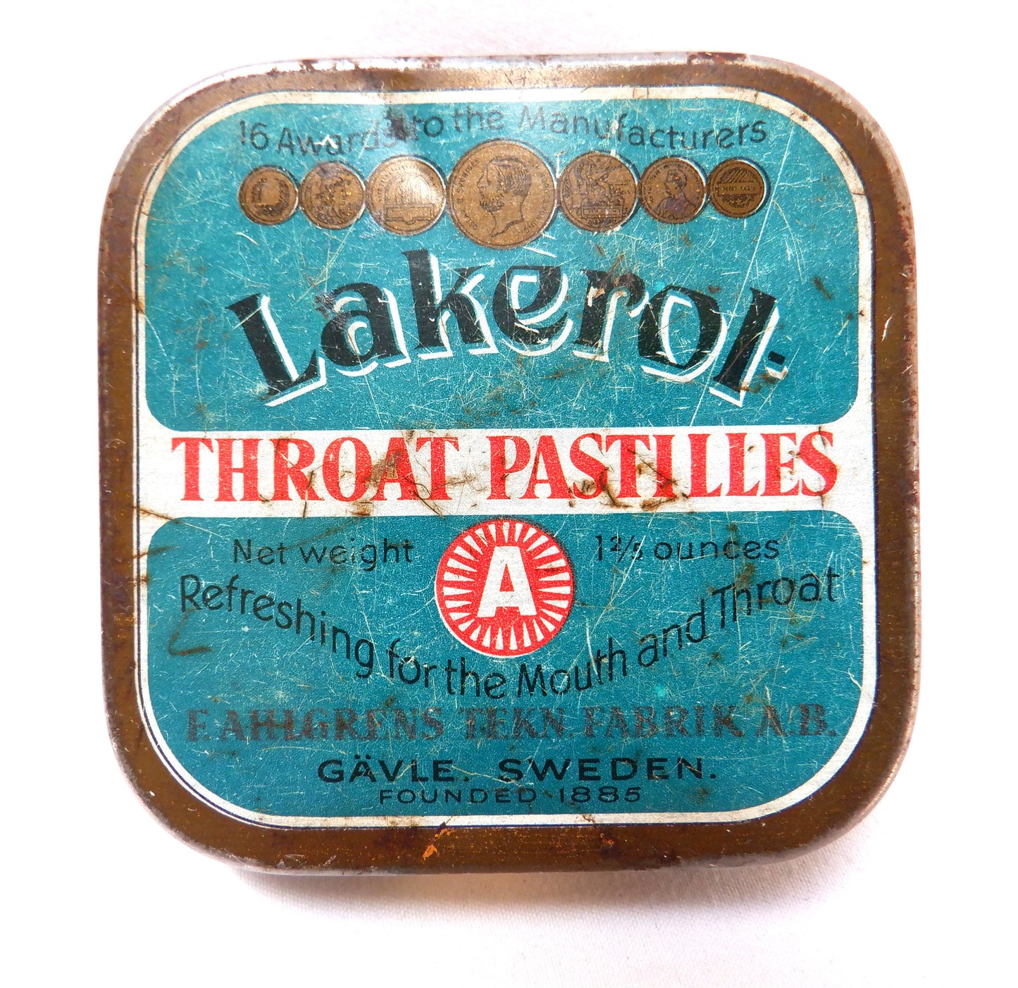 Vintage LAKEROL THROAT PASTILLES Tin Container from Sweden