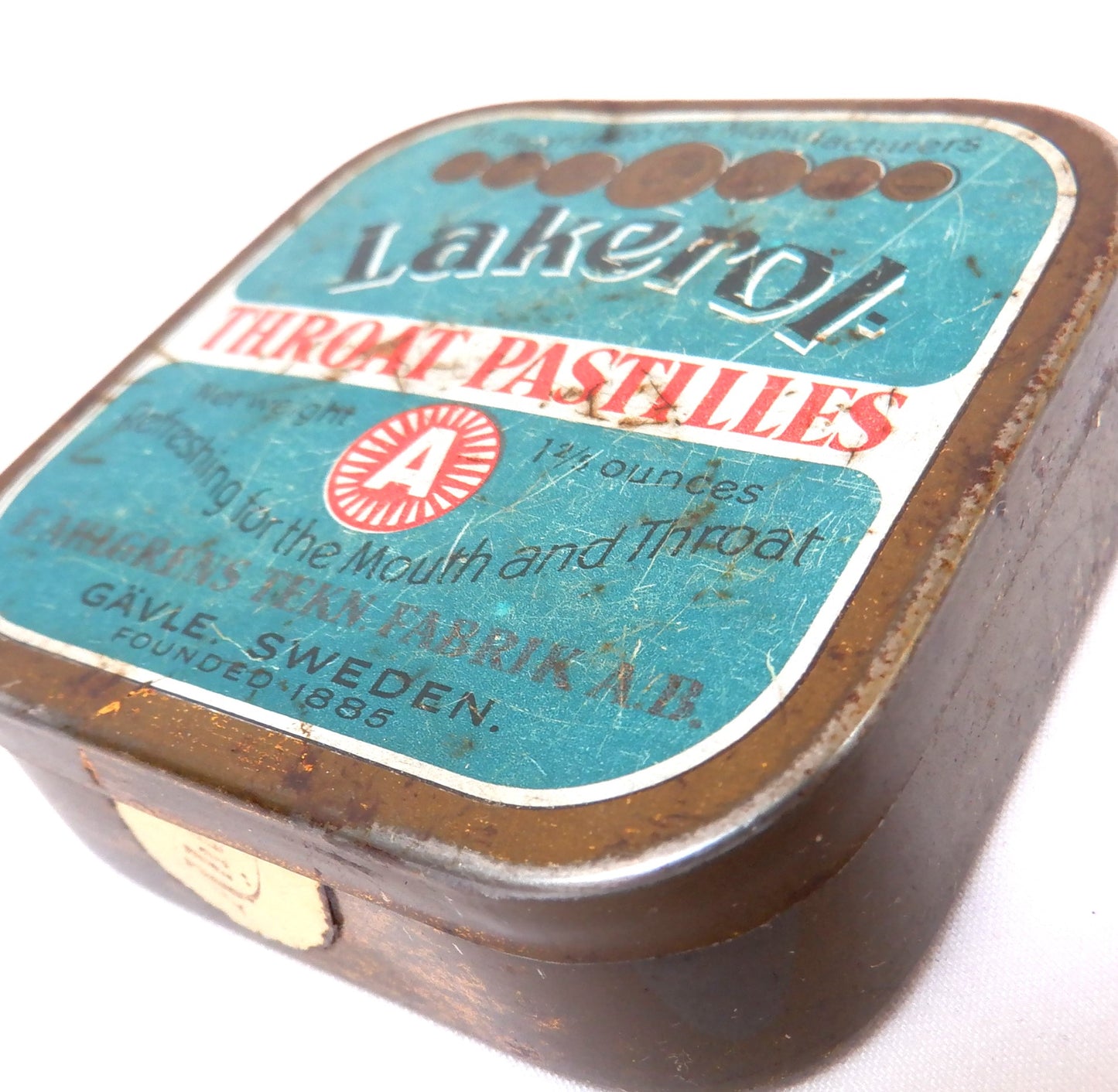 Vintage LAKEROL THROAT PASTILLES Tin Container from Sweden