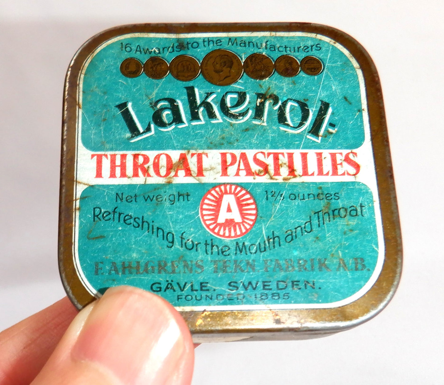 Vintage LAKEROL THROAT PASTILLES Tin Container from Sweden