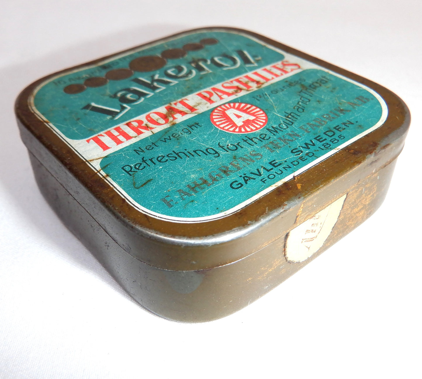Vintage LAKEROL THROAT PASTILLES Tin Container from Sweden
