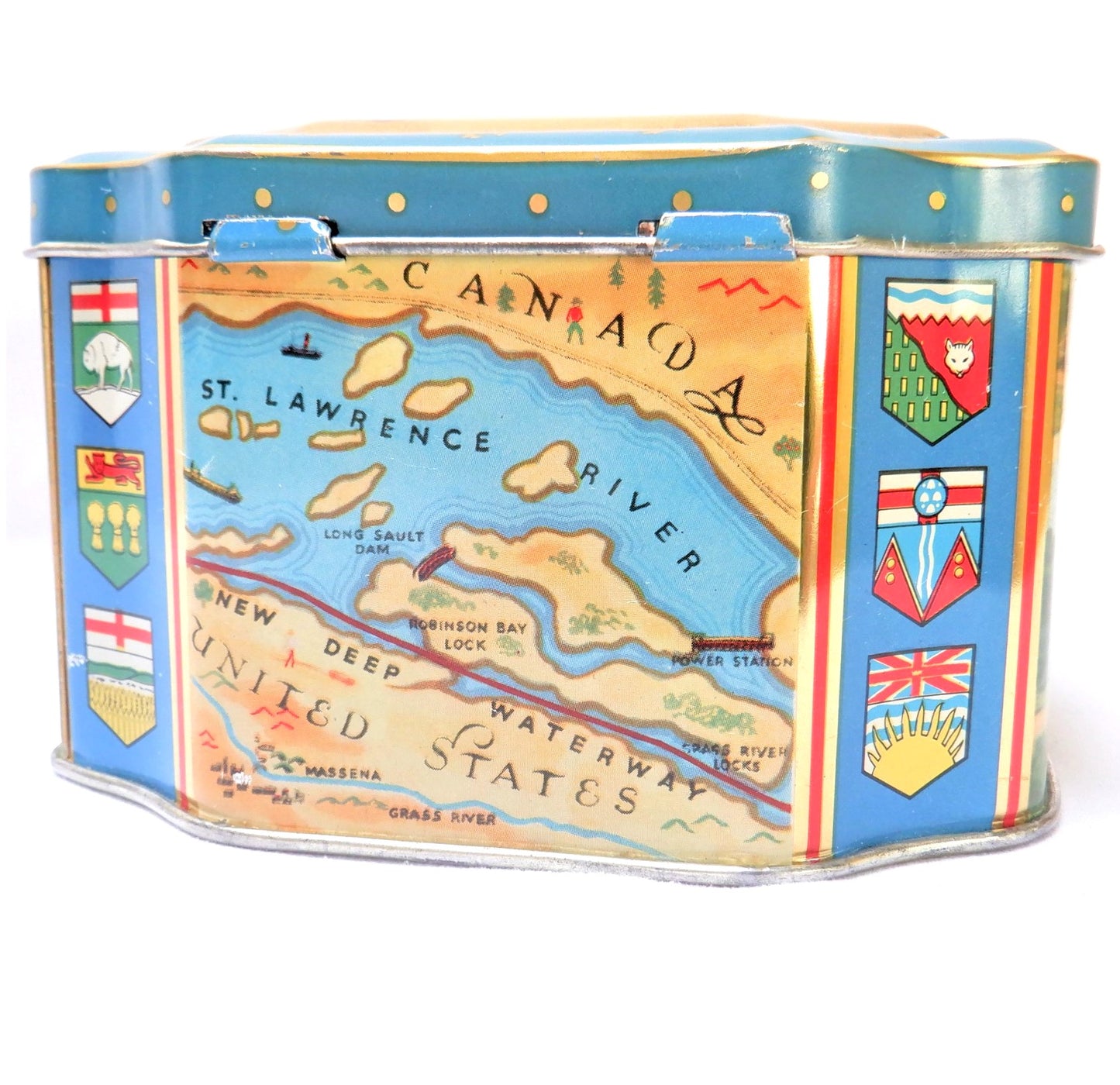 1959 QUEEN ELIZABETH II and PRINCE PHILLIP VINTAGE TIN CAN: 'Souvenir of the Opening of The Canadian St. Lawrence Seaway'