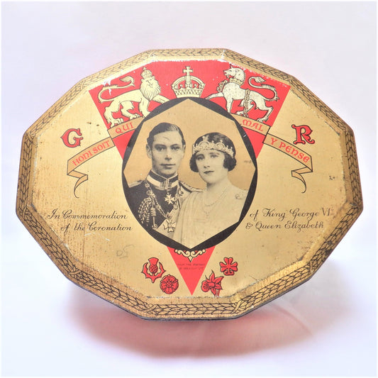 KING GEORGE VI & QUEEN ELIZABETH I, Coronation Souvenir Vintage TIN, 1937