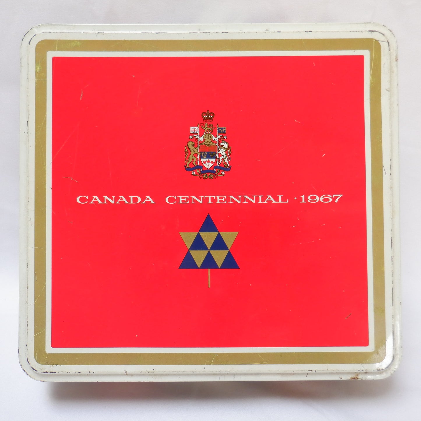 A Vintage Large Red Souvenir Tin Can Container: 'CANADIAN CENTENNIAL 1967'