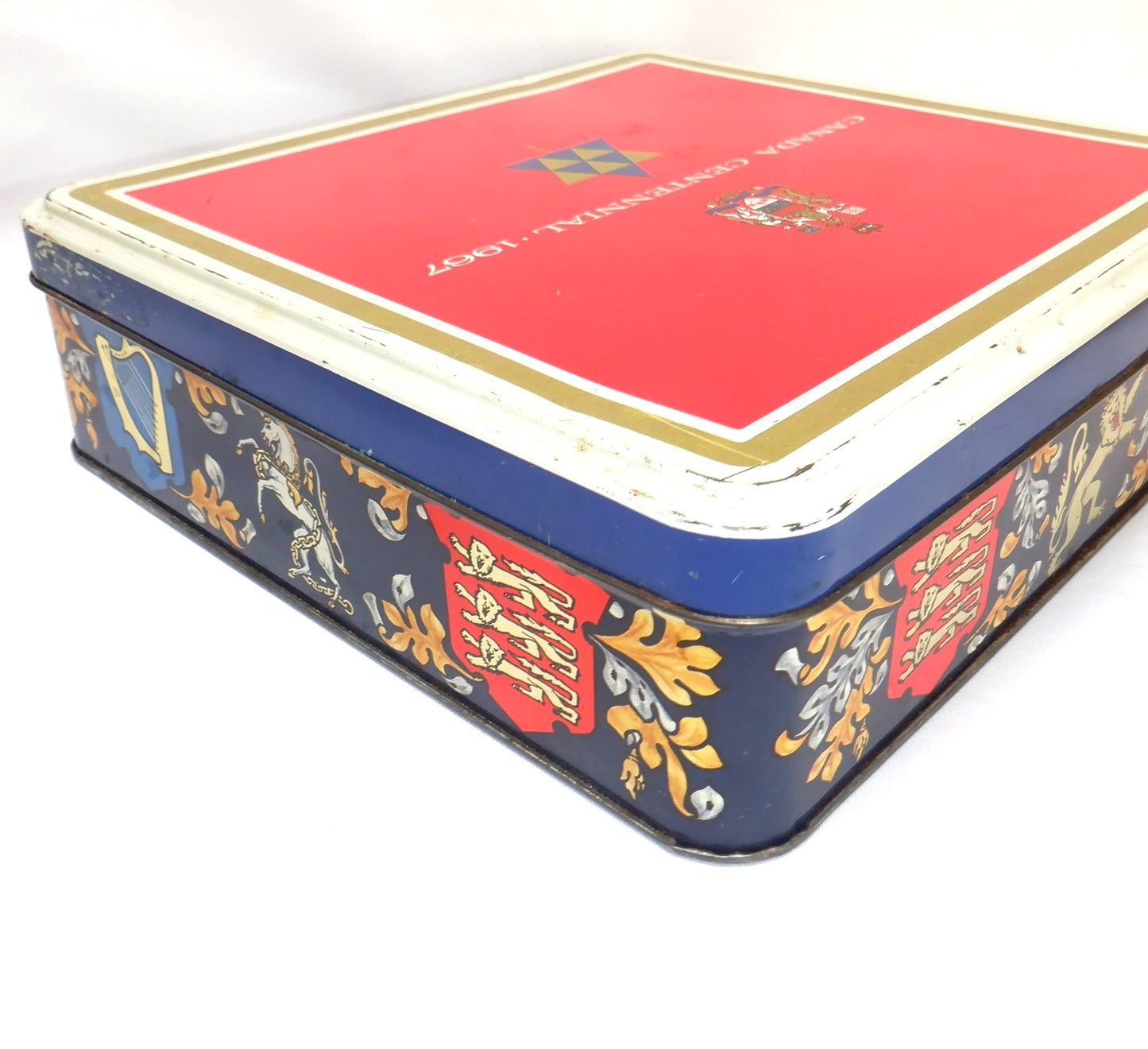 A Vintage Large Red Souvenir Tin Can Container: 'CANADIAN CENTENNIAL 1967'