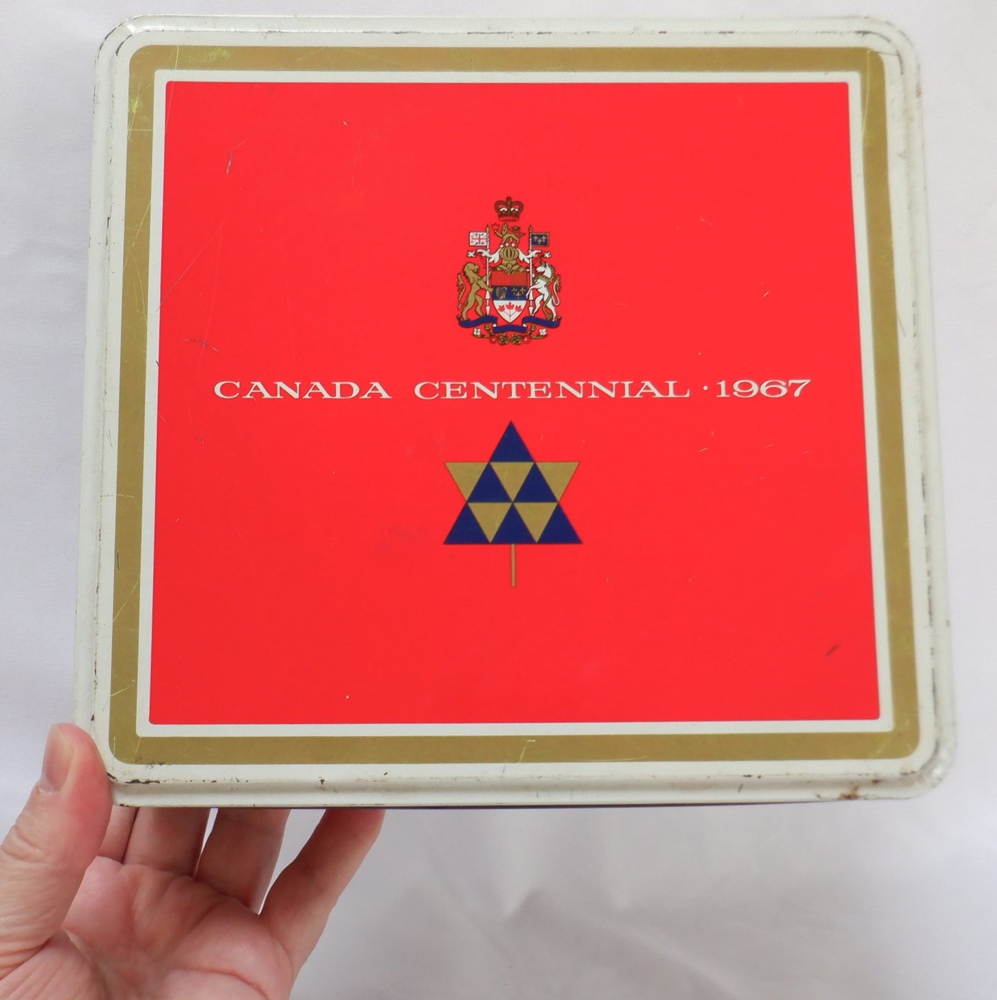 A Vintage Large Red Souvenir Tin Can Container: 'CANADIAN CENTENNIAL 1967'