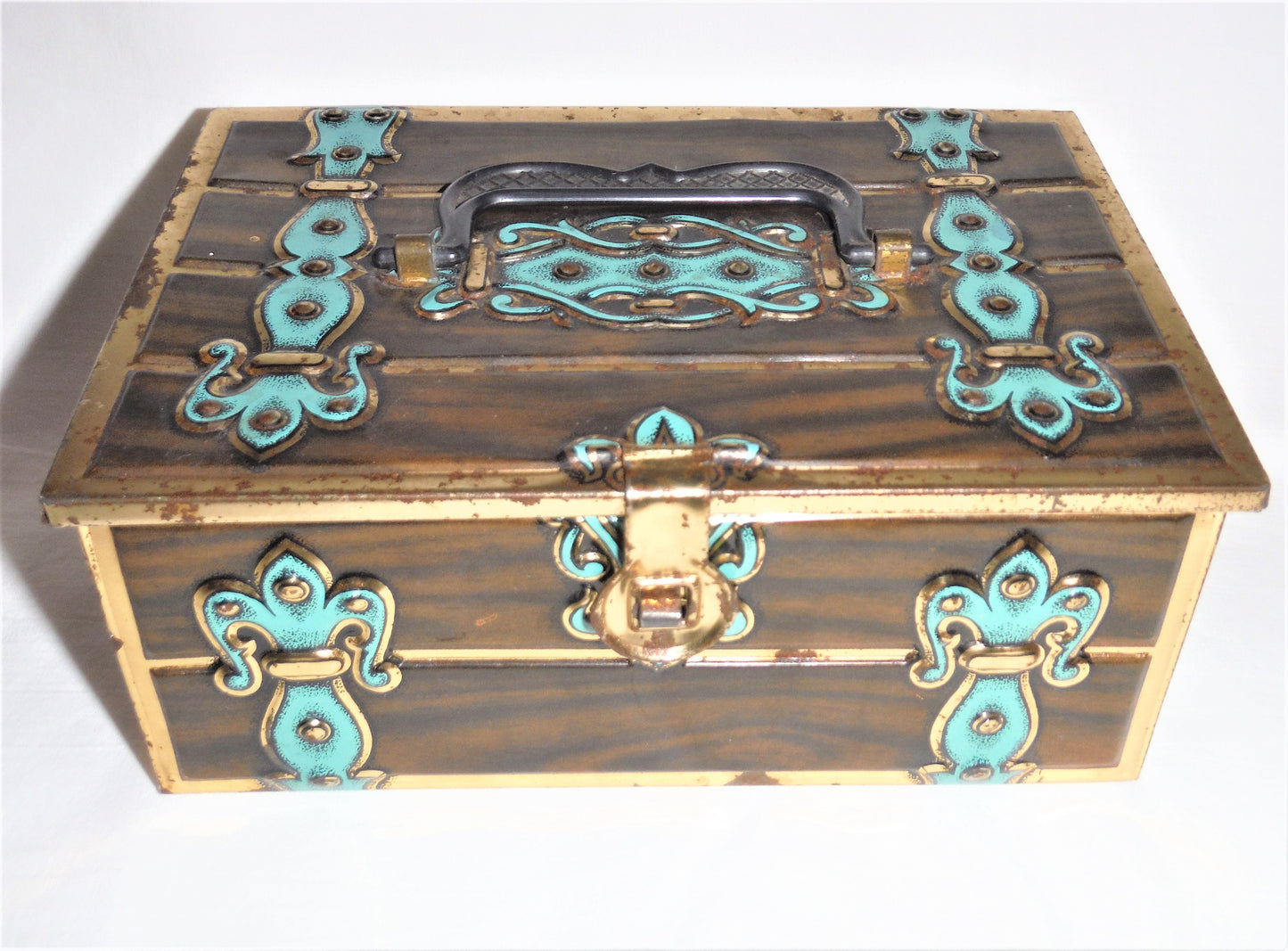 Old American Miniature Tin Can Money Strong Box: FLEUR-DE-LIS, HINGED, HASPED & HANDLED!