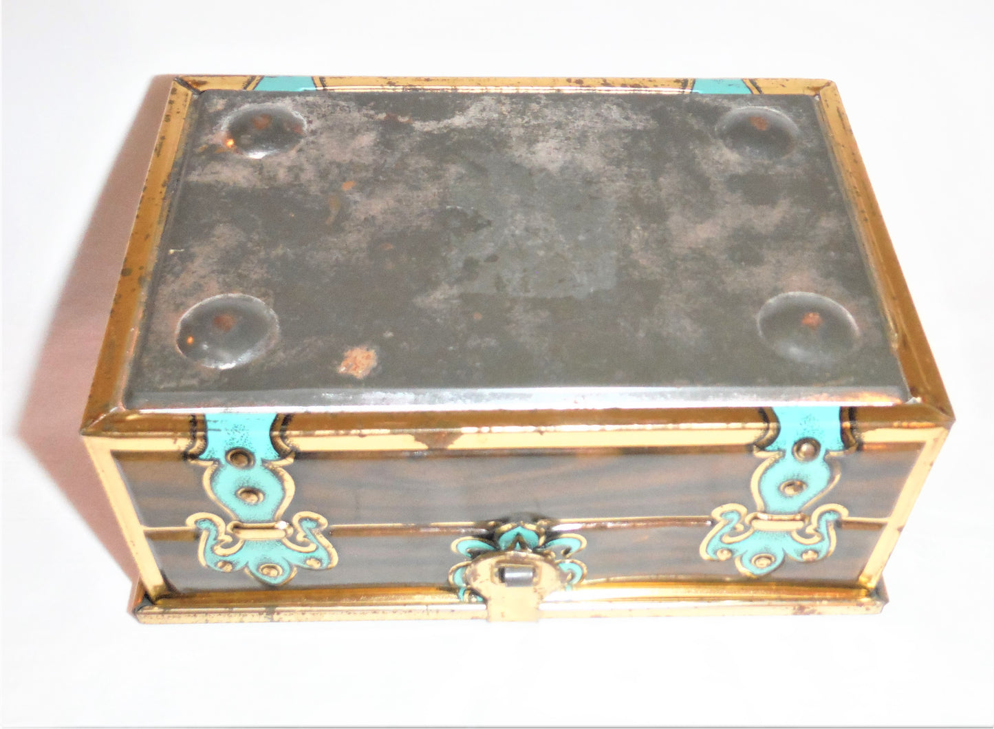 Old American Miniature Tin Can Money Strong Box: FLEUR-DE-LIS, HINGED, HASPED & HANDLED!