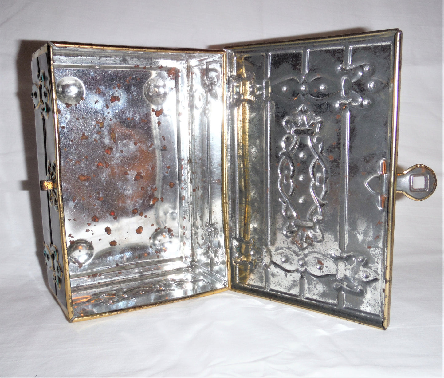 Old American Miniature Tin Can Money Strong Box: FLEUR-DE-LIS, HINGED, HASPED & HANDLED!