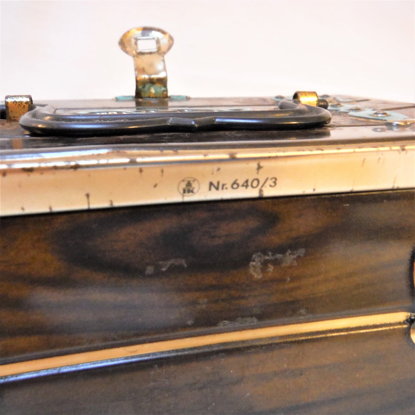 Old American Miniature Tin Can Money Strong Box: FLEUR-DE-LIS, HINGED, HASPED & HANDLED!