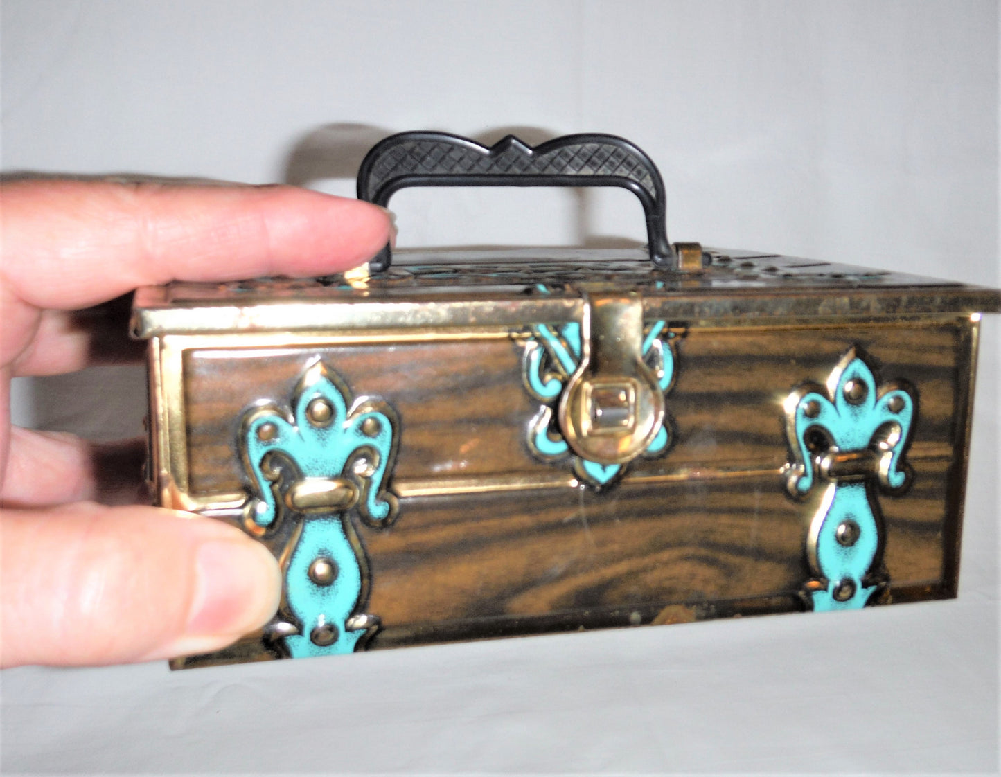 Old American Miniature Tin Can Money Strong Box: FLEUR-DE-LIS, HINGED, HASPED & HANDLED!