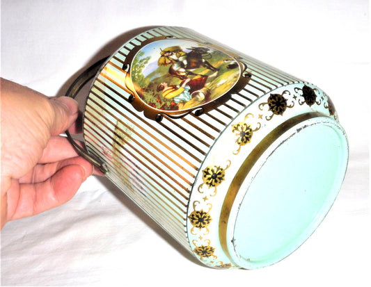 Unique Vintage Round Green Pail-Like Tin Can, with Original Lid and Handle!