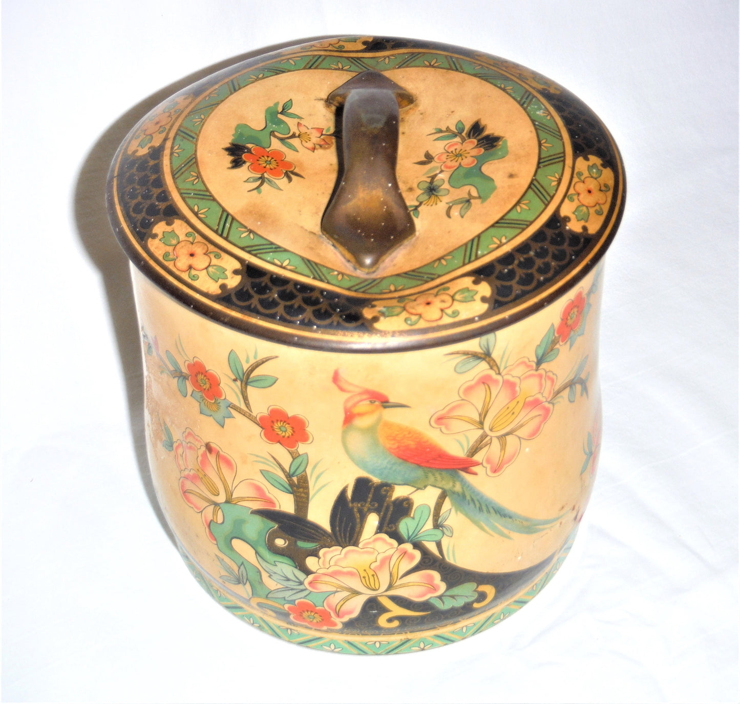 A Vintage Round Tin Can with Amazing Yellowed Patina and Squished Quirky Lid, Made in England