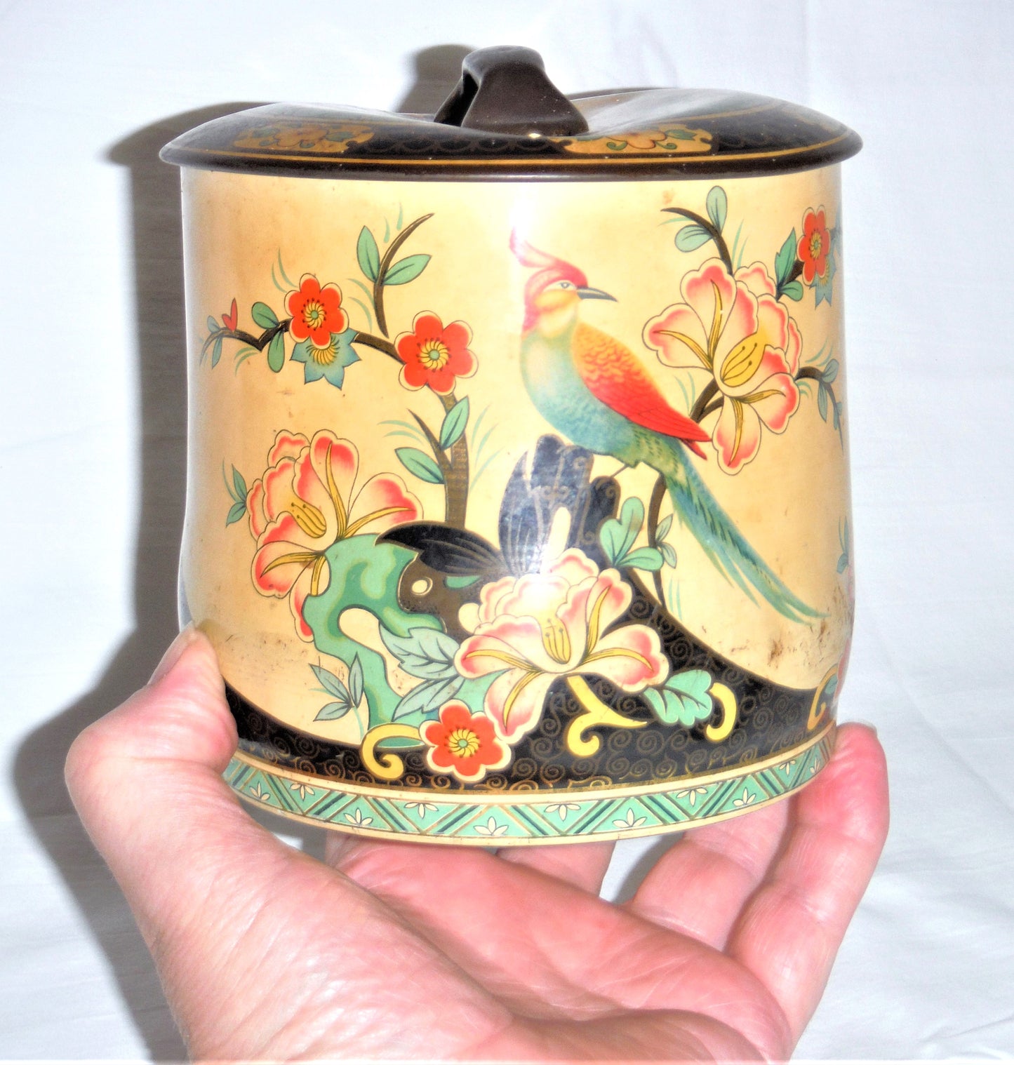 A Vintage Round Tin Can with Amazing Yellowed Patina and Squished Quirky Lid, Made in England