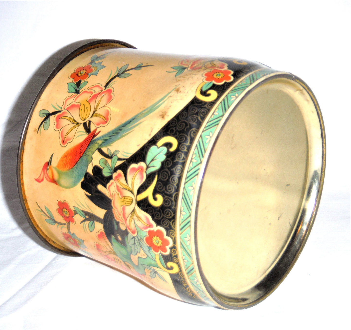 A Vintage Round Tin Can with Amazing Yellowed Patina and Squished Quirky Lid, Made in England