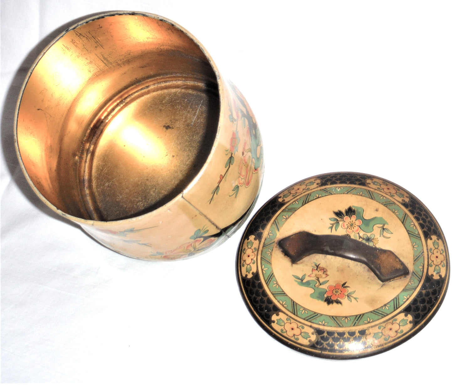 A Vintage Round Tin Can with Amazing Yellowed Patina and Squished Quirky Lid, Made in England