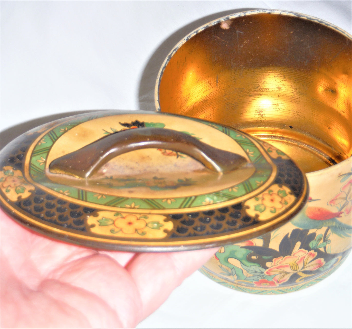 A Vintage Round Tin Can with Amazing Yellowed Patina and Squished Quirky Lid, Made in England