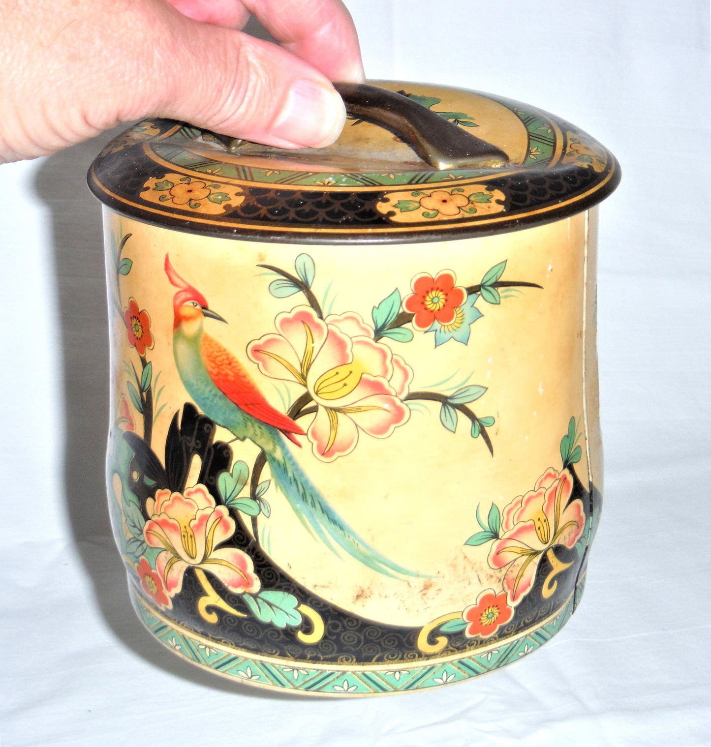 A Vintage Round Tin Can with Amazing Yellowed Patina and Squished Quirky Lid, Made in England